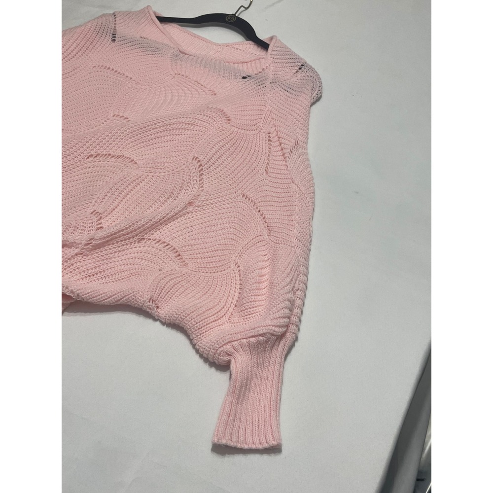 Womens Light Pink Batwing Open Knit V-Neck Scalloped Hem Pointelle Sweater - Picture 3 of 6